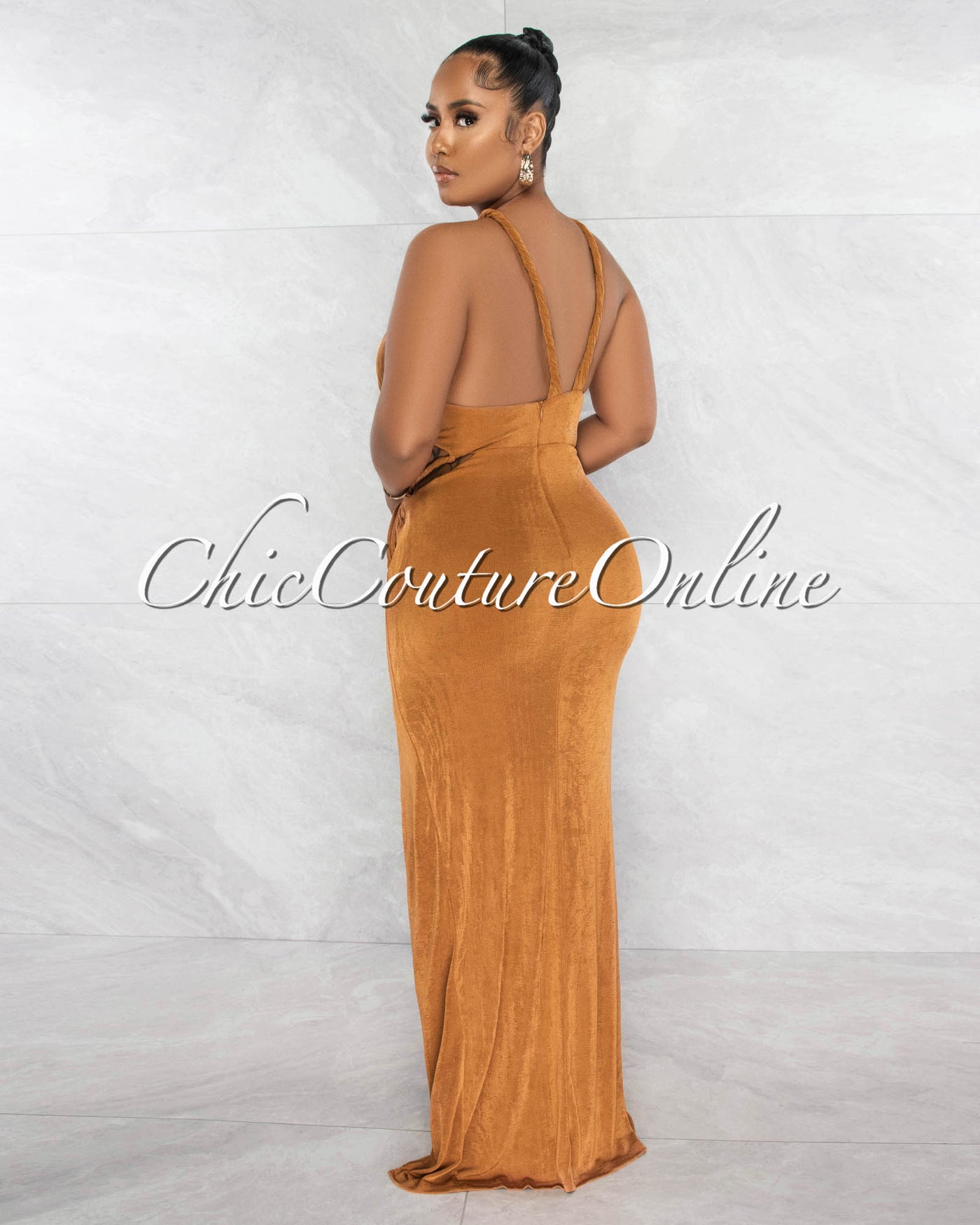 Waymer Copper Shimmer Leg Slit Cut-Out Maxi Dress