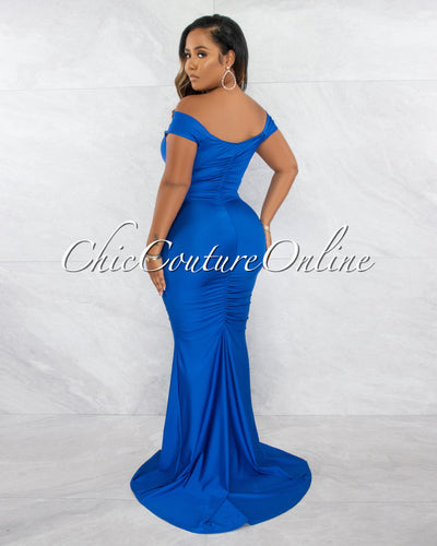 Glenna Royal Blue Front Knot Ruched Slit Maxi Dress