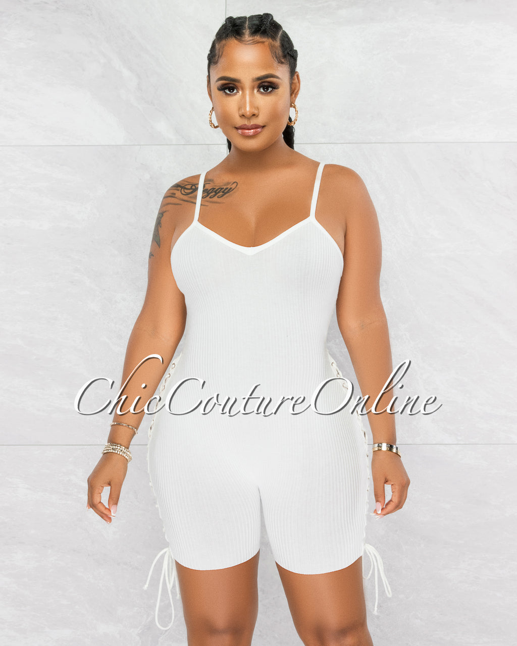 *Larmine Off-White Ribbed Lace-Up Sides Romper