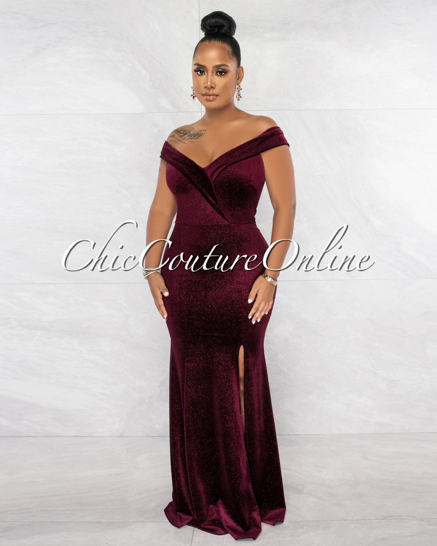 Barnum Wine Red Shimmer Off-The Shoulder Slit Maxi Dress – Chic Couture ...