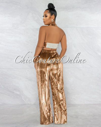 *Amellie Bronze Velvet Shimmer Crop Top & Wide Pants Set