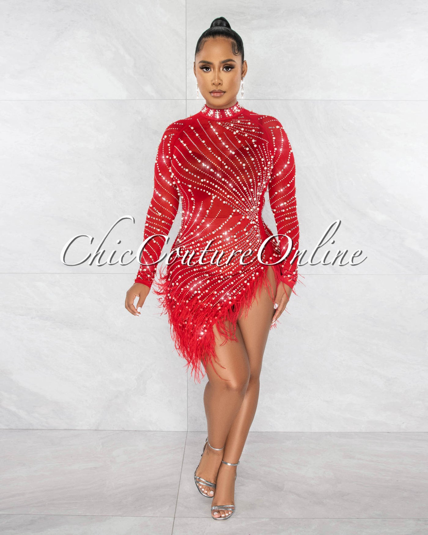 *Rhesa Red Rhinestones Pearls & Feathers Mesh Mini Dress