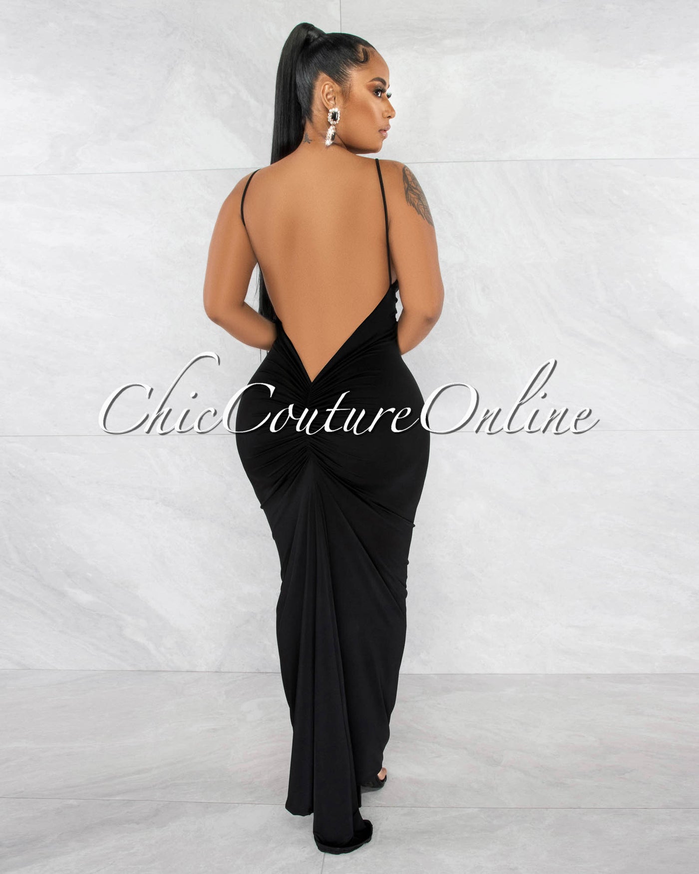 Balara Black Deep V-Neckline Low Back Drape Maxi Dress