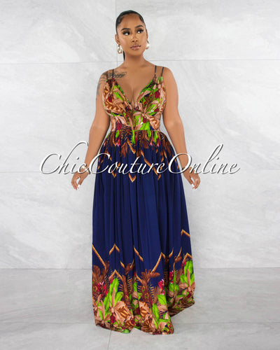 Lamusa Navy Blue Multi-Color Print Cut-Out Maxi Dress