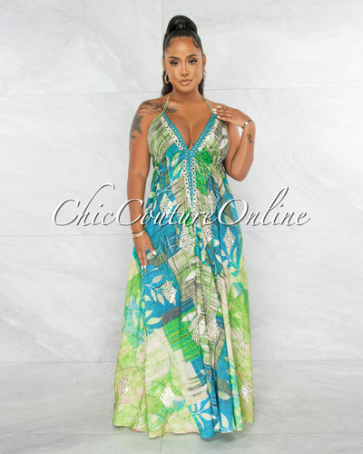 Alexandria Green Print Silver Sequins Halter Maxi Dress