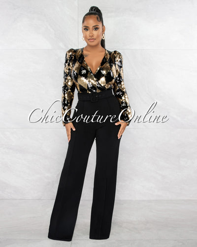 *Norville Black Gold Sequins Diamond Print Belted Jumpsuit