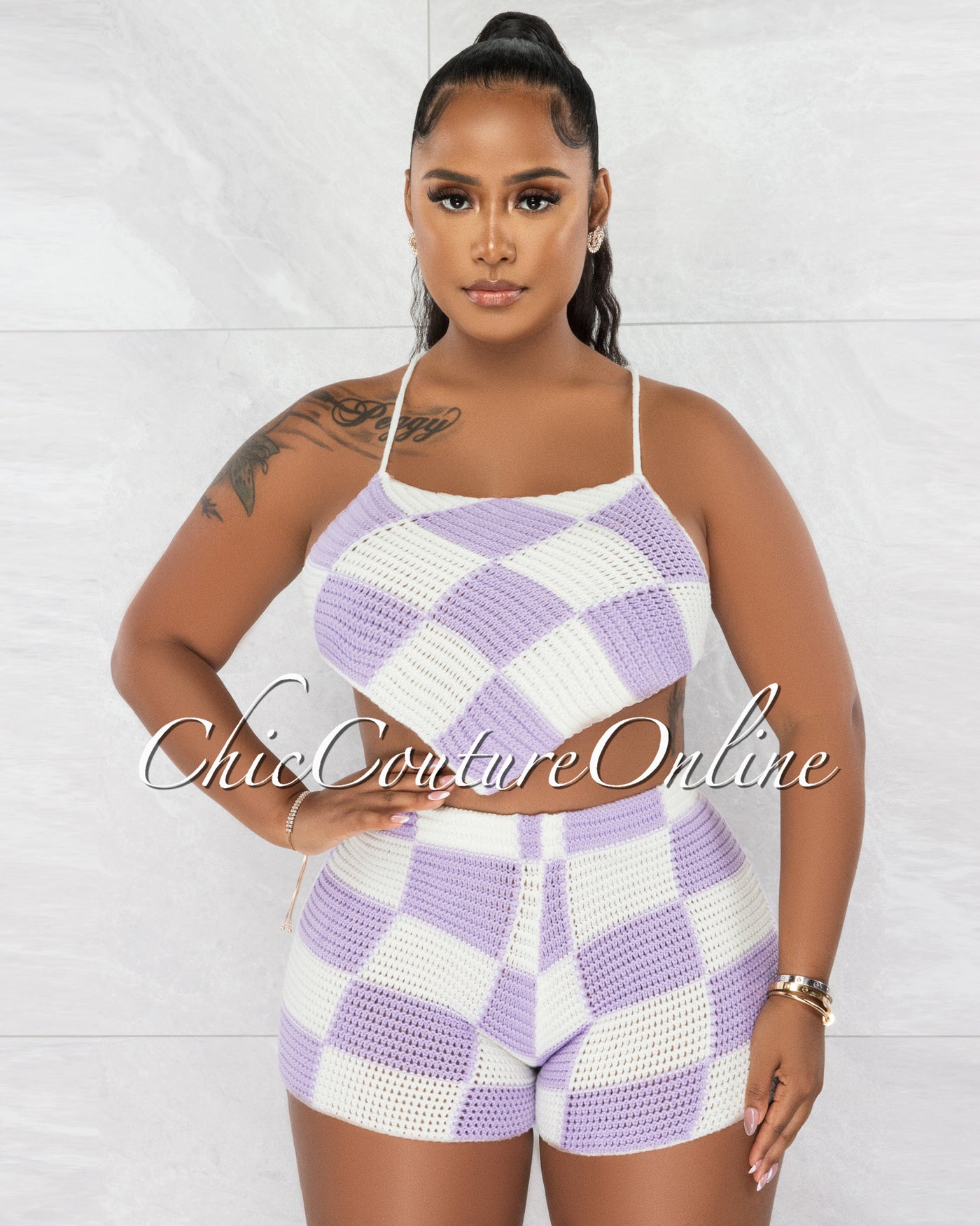 Egeria White Lilac Print Crop Top & Shorts Crochet Set