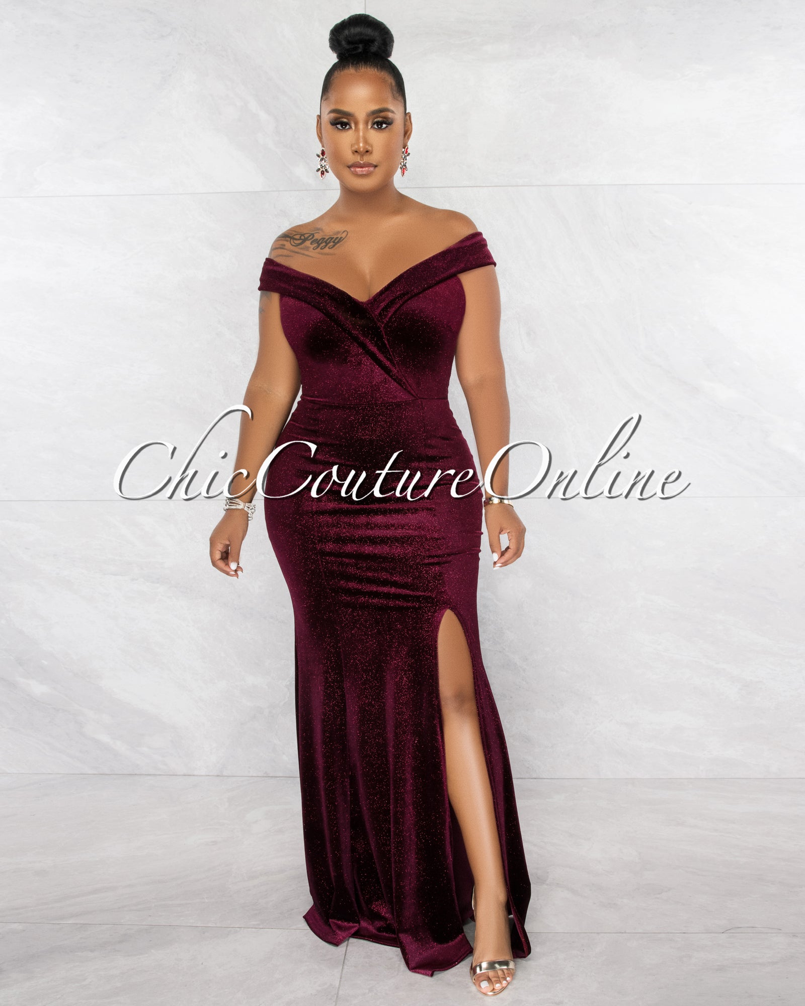 Barnum Wine Red Shimmer Off-The Shoulder Slit Maxi Dress – Chic Couture ...