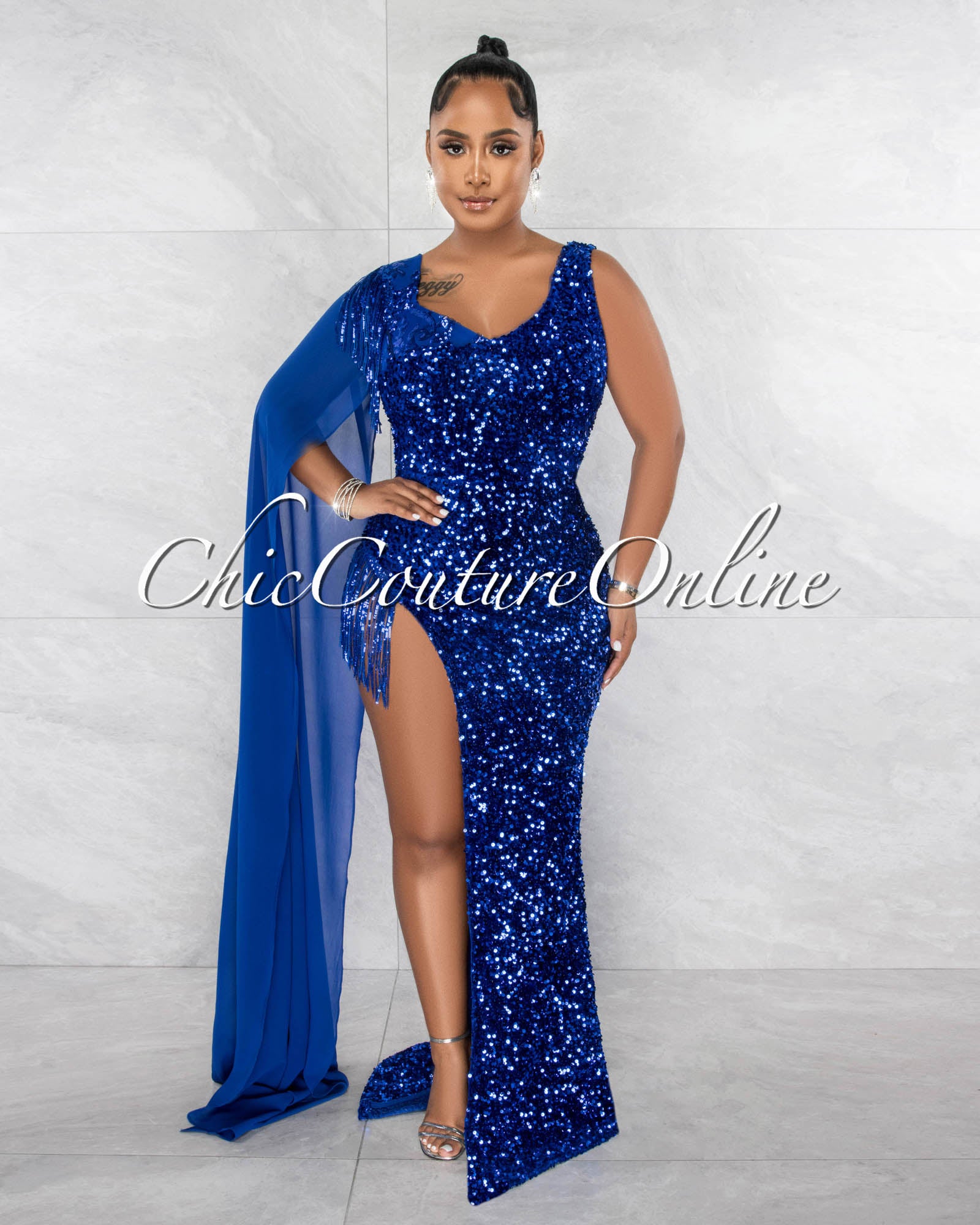 *Corliss Royal Blue Sequins Single Long Sleeve & Fringe Side Slit Bodysuit Gown