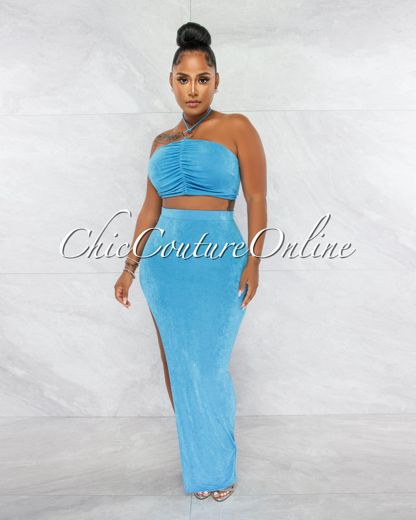 *Lucille Turquoise Ruched Silver Accent Top & Maxi Slit Skirt Set
