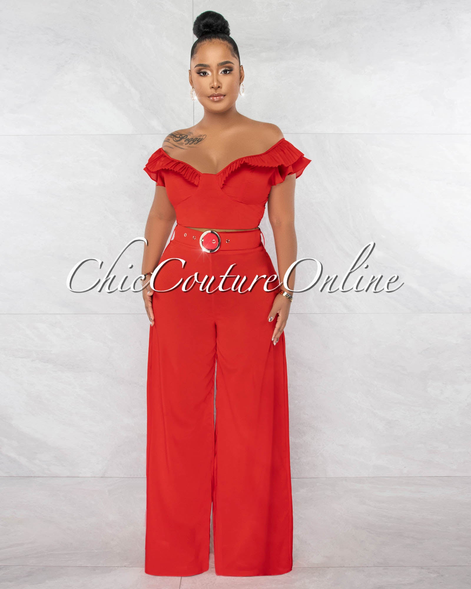 *Elika Red Ruffle Crop Top & Silver Nacar Buckle Belt Wide Pants Set