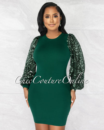 *Abana Hunter Green Bubble Sequins Sleeves Ribbed Midi Dress