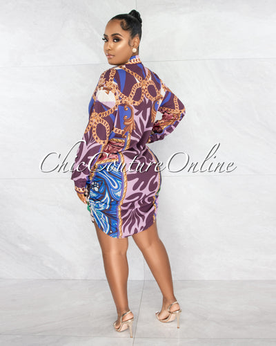 *Ivria Purple Print Draped Shirt Dress