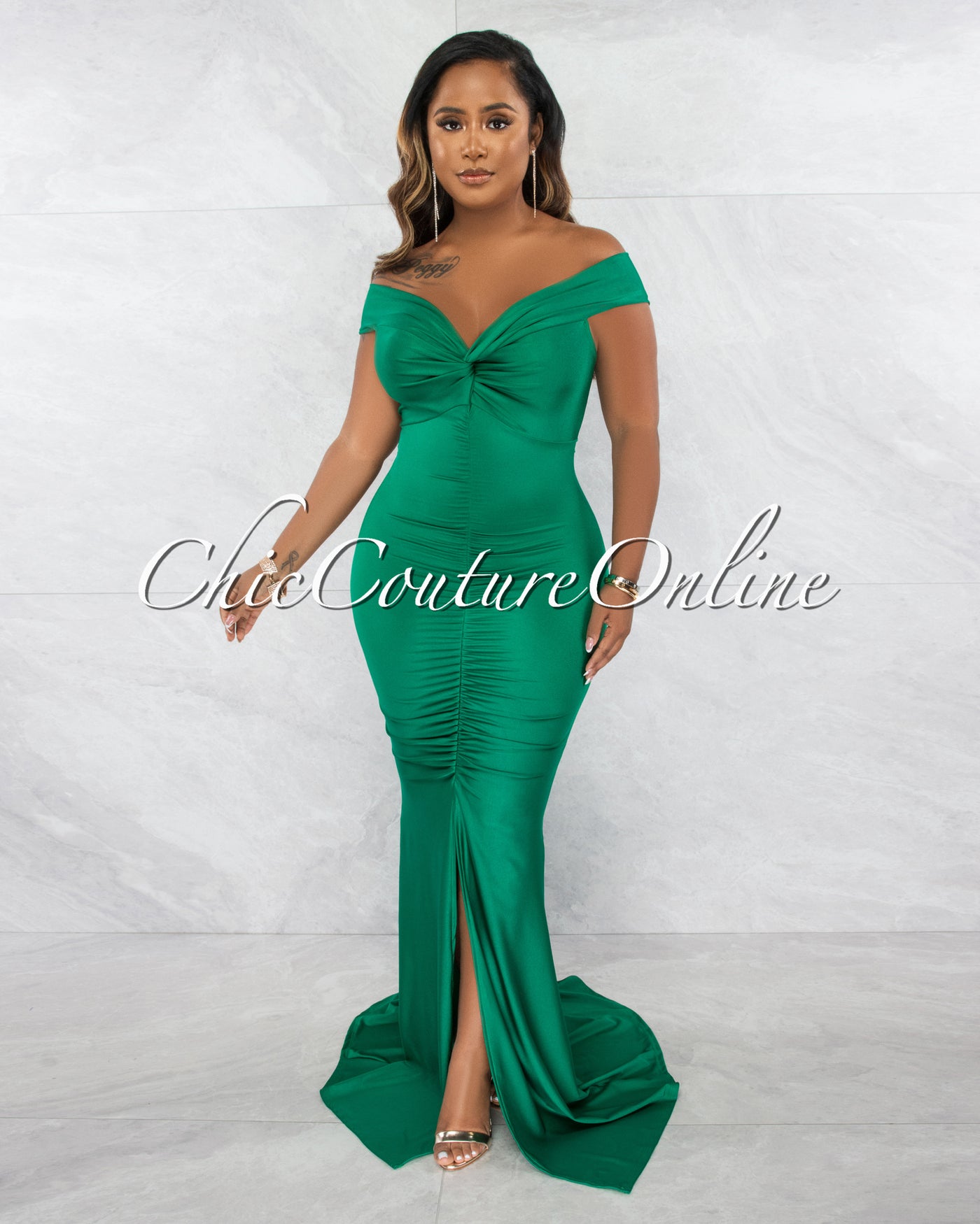 Glenna Green Front Knot Ruched Slit Maxi Dress