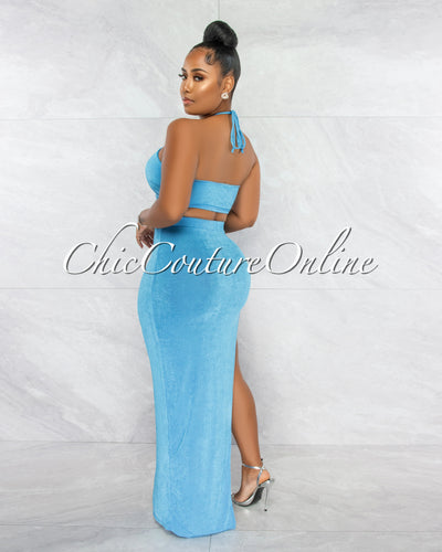 *Lucille Turquoise Ruched Silver Accent Top & Maxi Slit Skirt Set