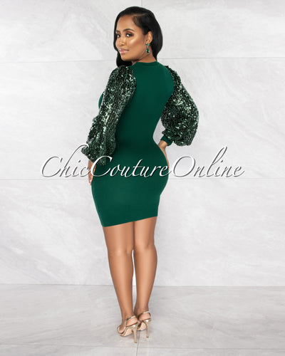 *Abana Hunter Green Bubble Sequins Sleeves Ribbed Midi Dress