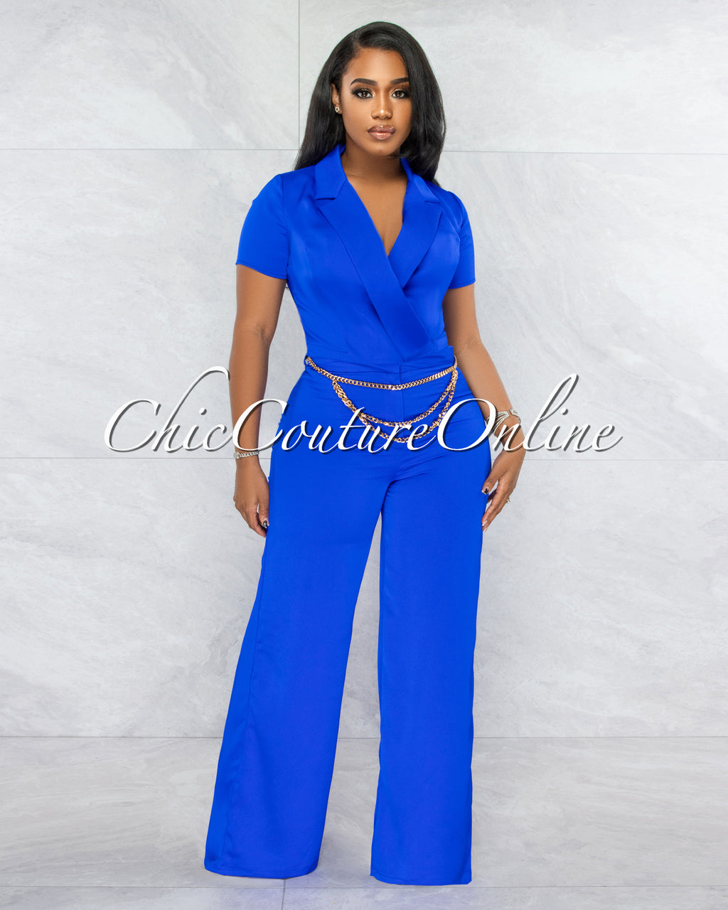Horatio Royal Blue Crop & Wide Pants Gold Link Belt Set – Chic Couture ...