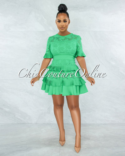 Knolly Kelly Green Lace Pleated Luxe Dress