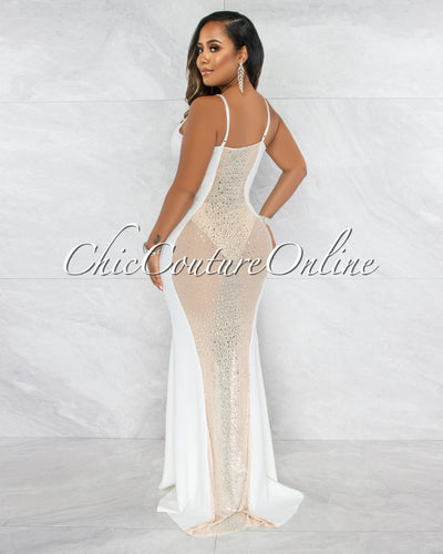 *Bascose Off-White Nude Mesh Rhinestones Maxi Dress