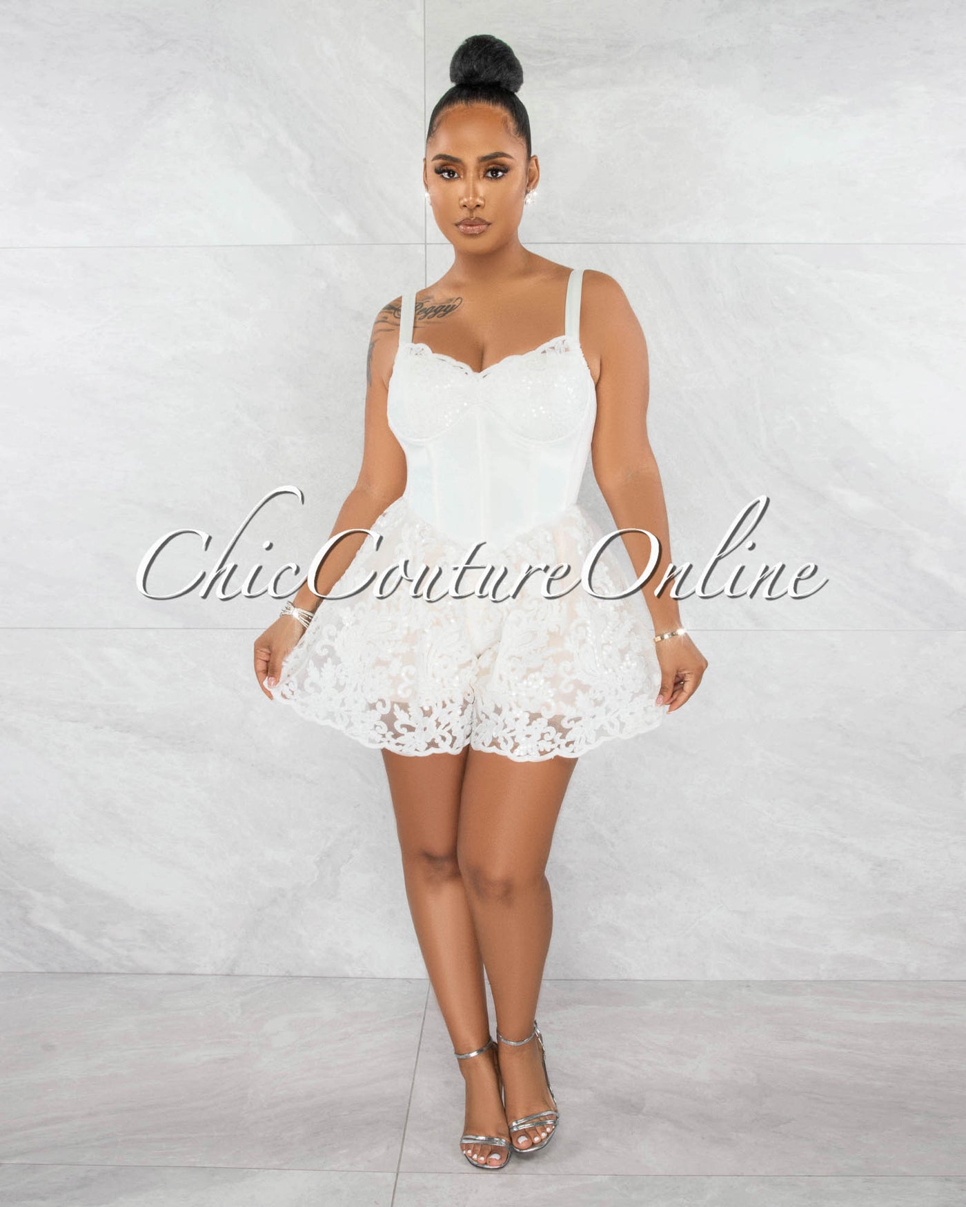 *Pamba Off-White Lace Sequins Corset Style Romper