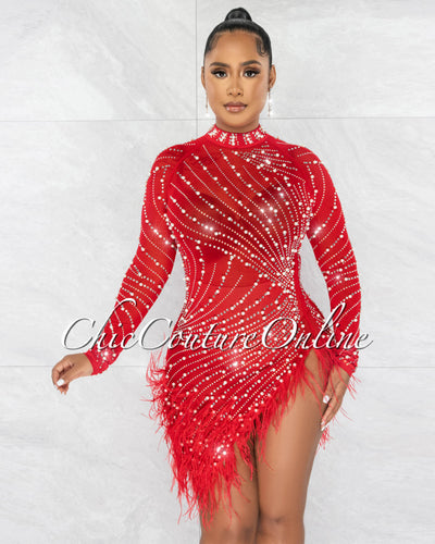 *Rhesa Red Rhinestones Pearls & Feathers Mesh Mini Dress