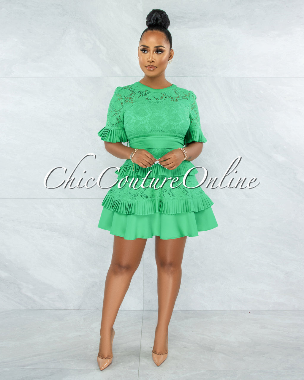 Knolly Kelly Green Lace Pleated Luxe Dress