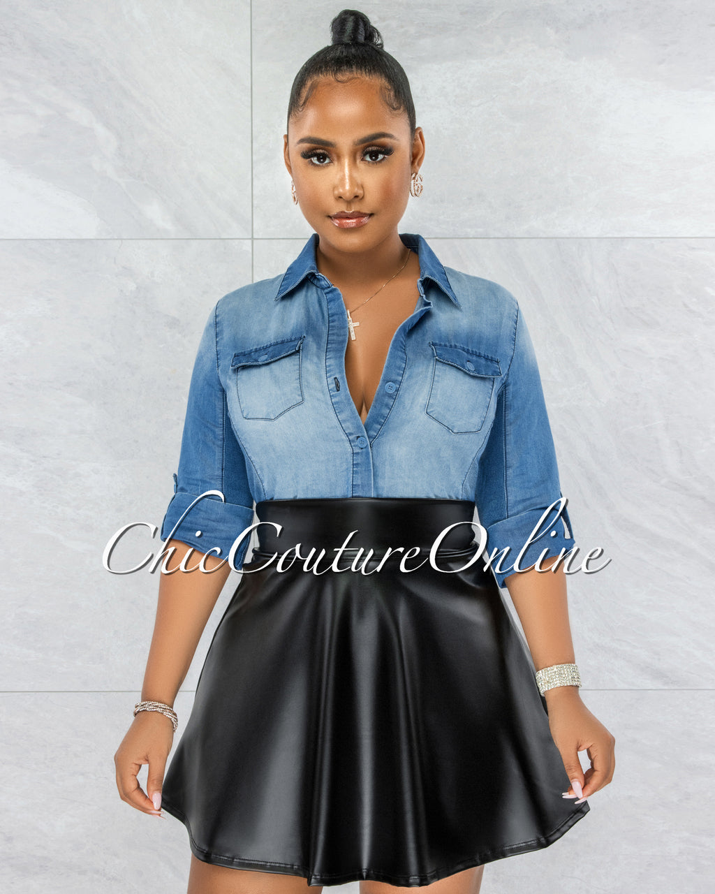 Palagua Black Faux Leather Flutter Mini Skirt