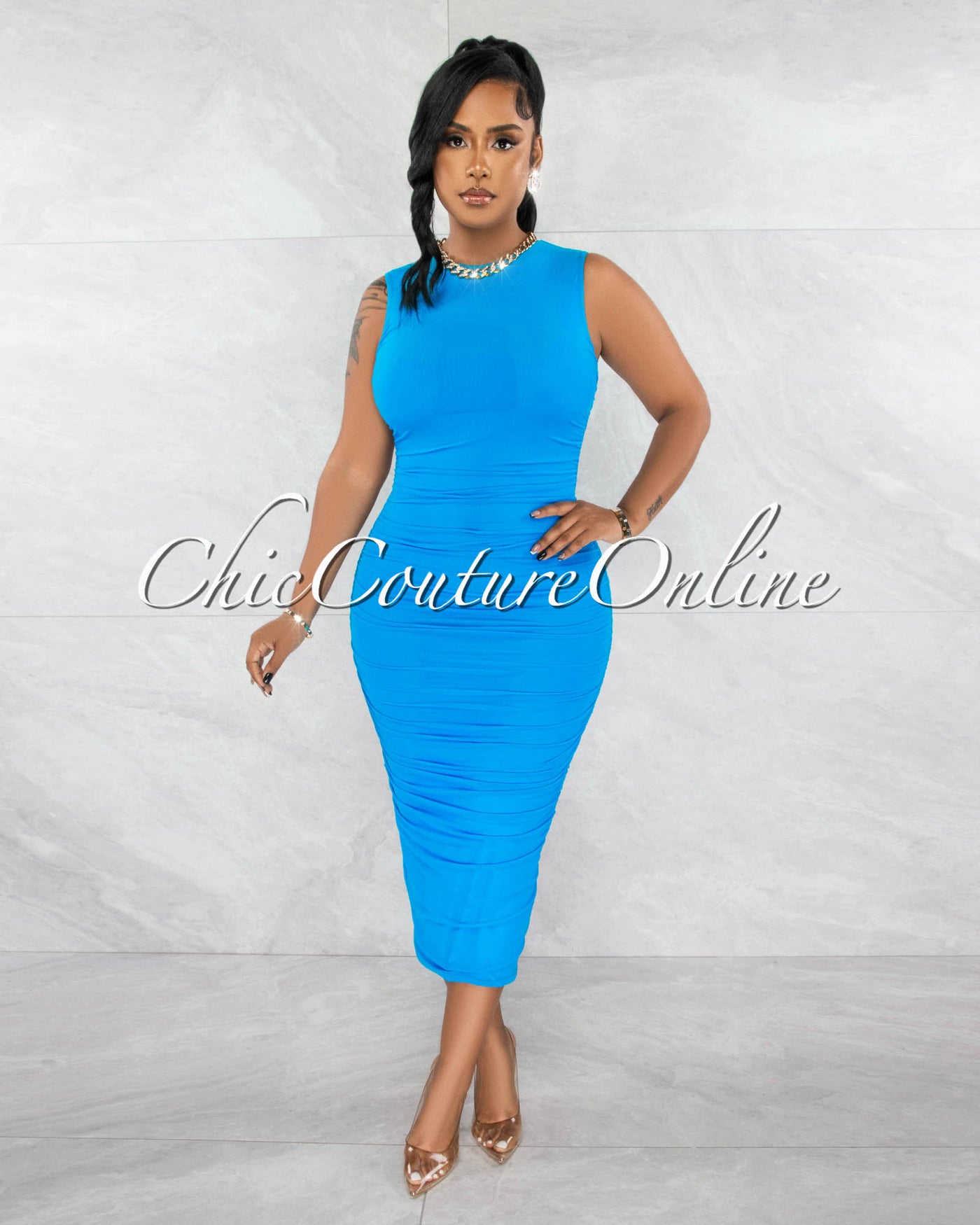 Canace Turquoise Mesh Ruched Midi Dress