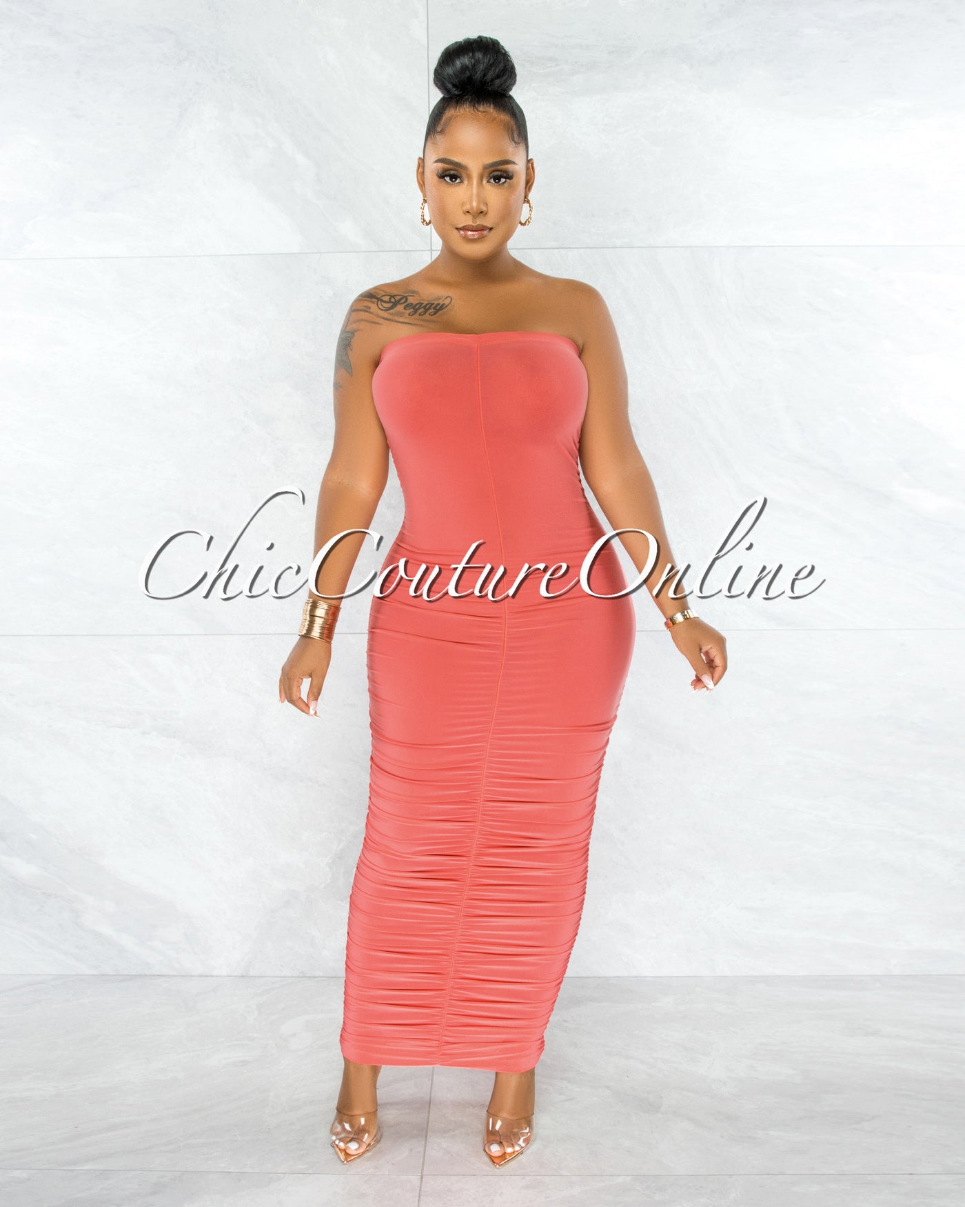 Nancy Coral Ruched Strapless Maxi Dress