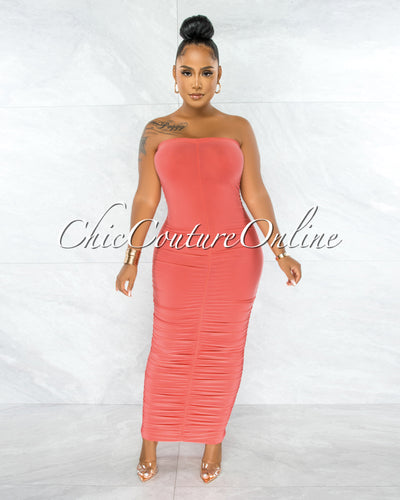 *Nancy Coral Ruched Strapless Maxi Dress