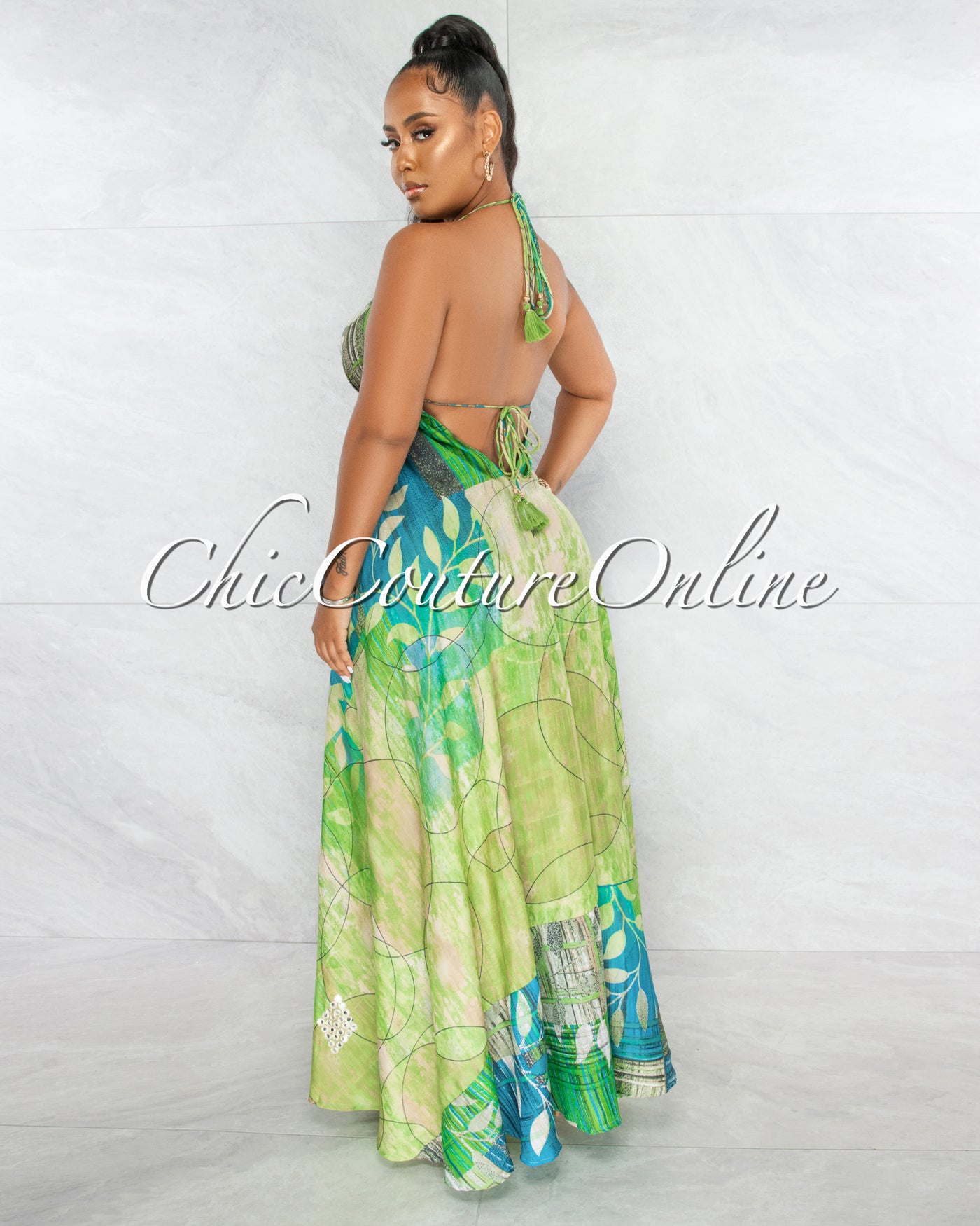 Alexandria Green Print Silver Sequins Halter Maxi Dress