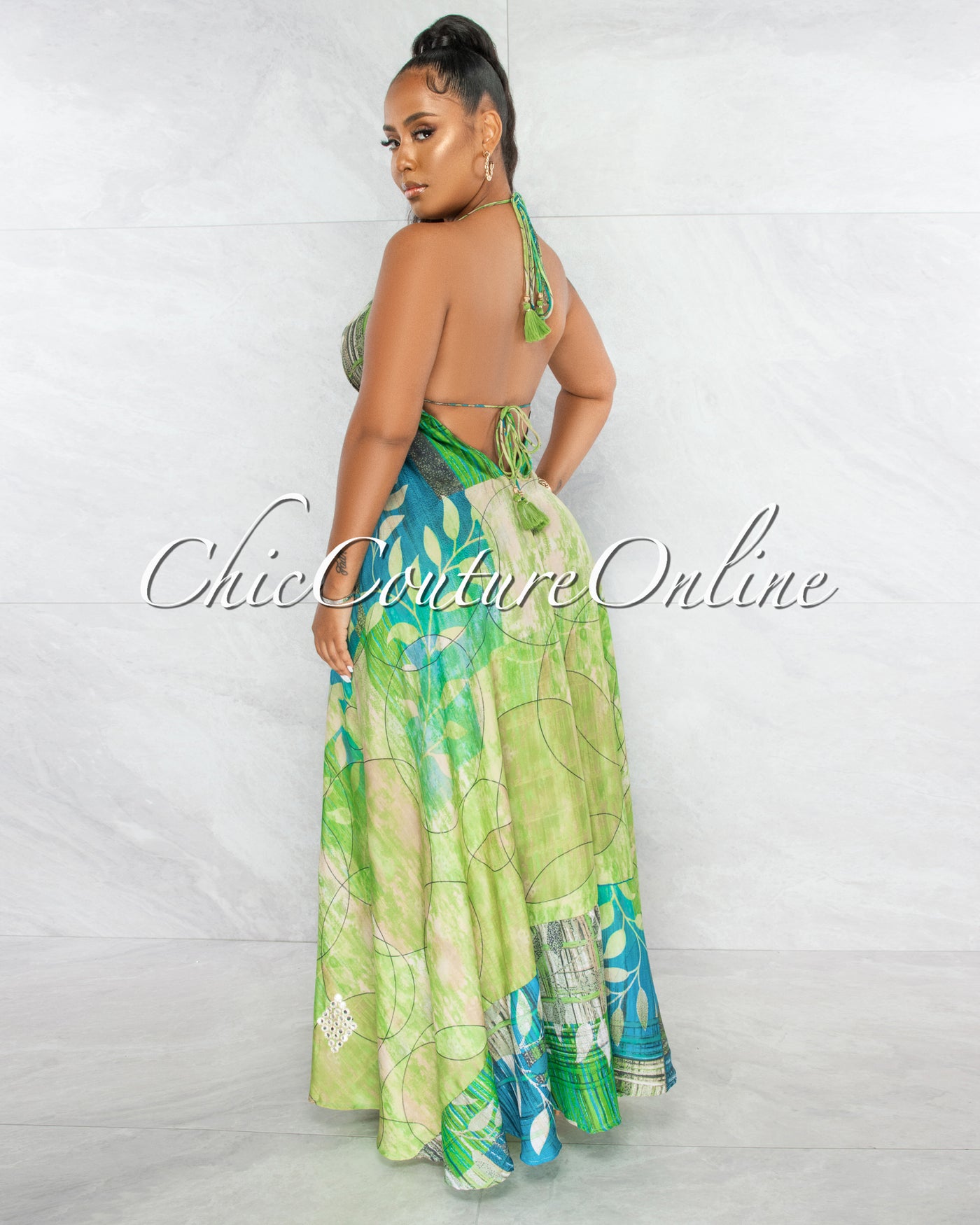 Alexandria Green Print Silver Sequins Halter Maxi Dress