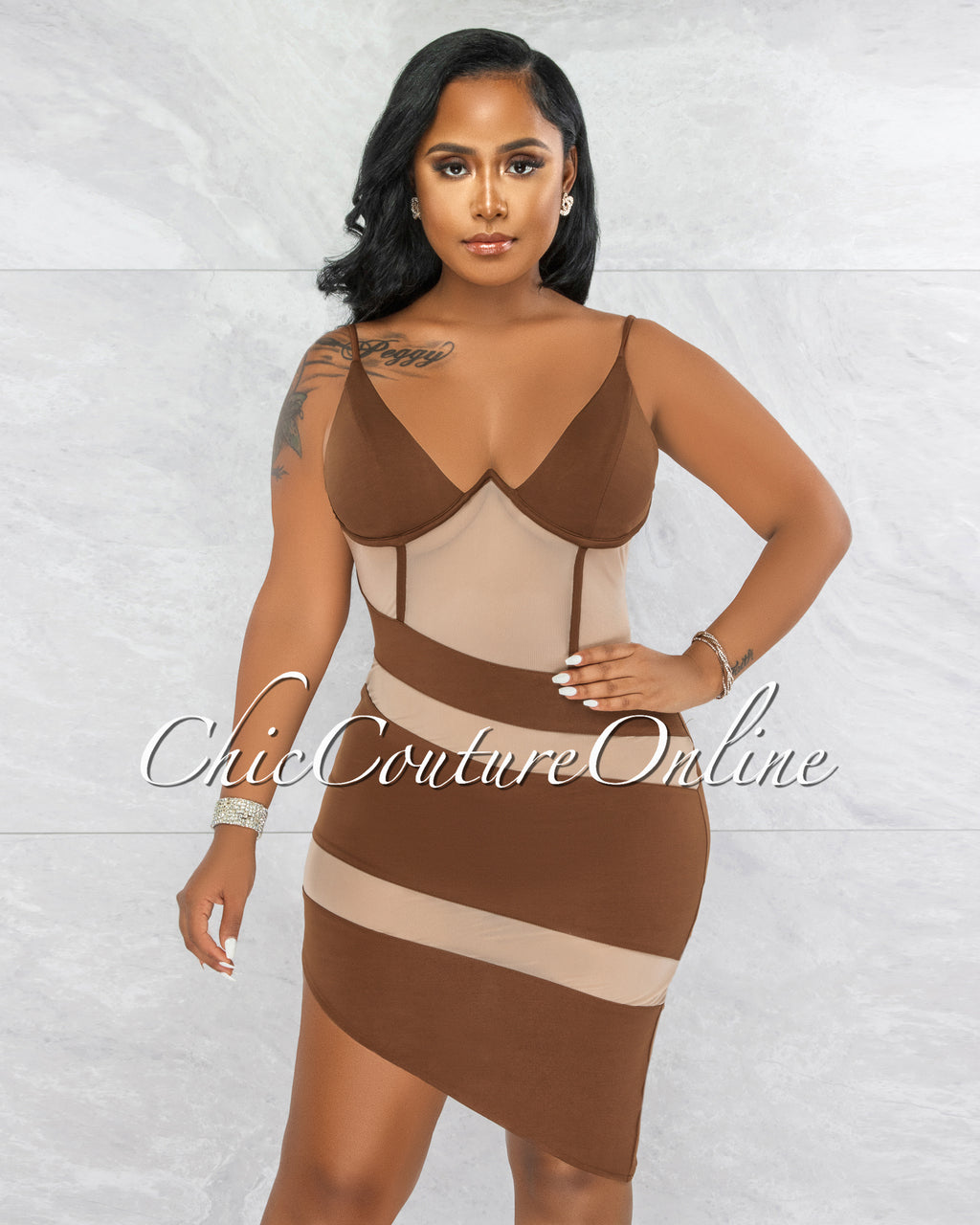 *Griega Brown Nude Mesh Accent Asymmetrical Hem Dress