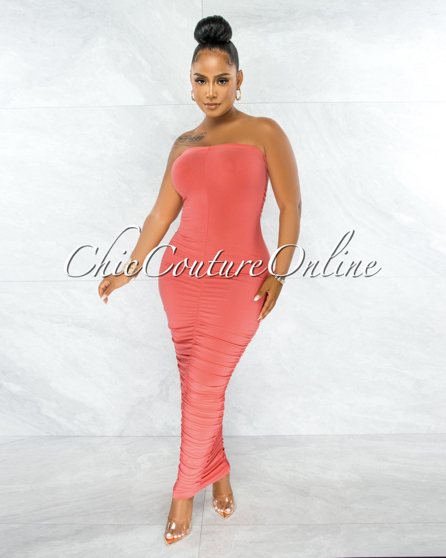 Nancy Coral Ruched Strapless Maxi Dress – Chic Couture Online