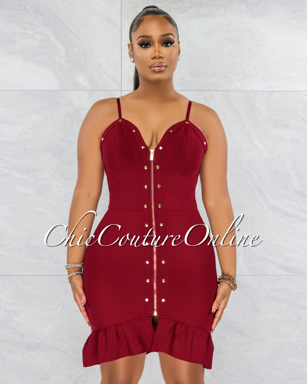 *Perina Burgundy Gold Snaps Bandage Ruffle Dress