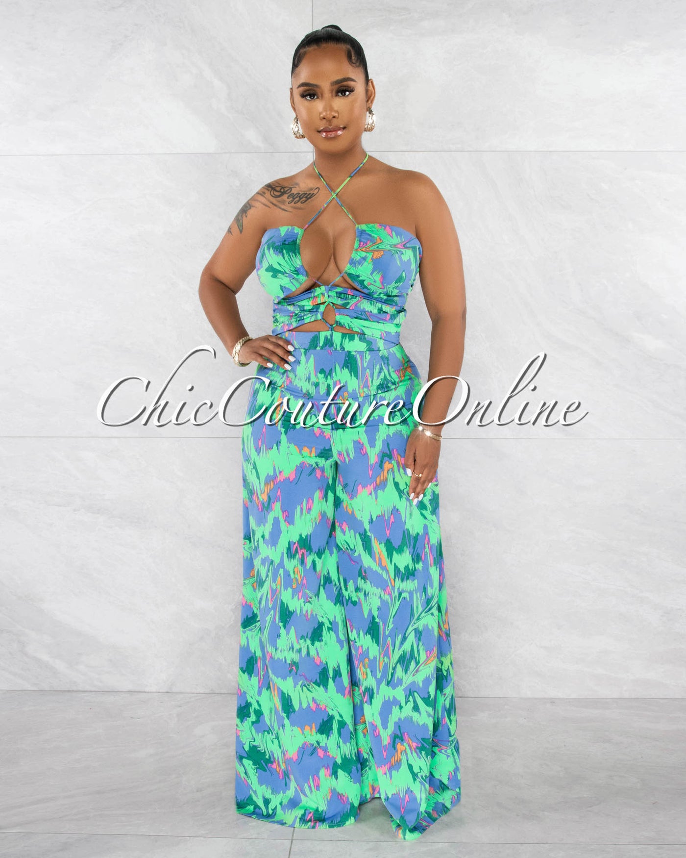 Rhawn Blue Green Print Front Cut-Out Lace-Up Jumpsuit
