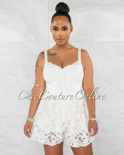 *Pamba Off-White Lace Sequins Corset Style Romper