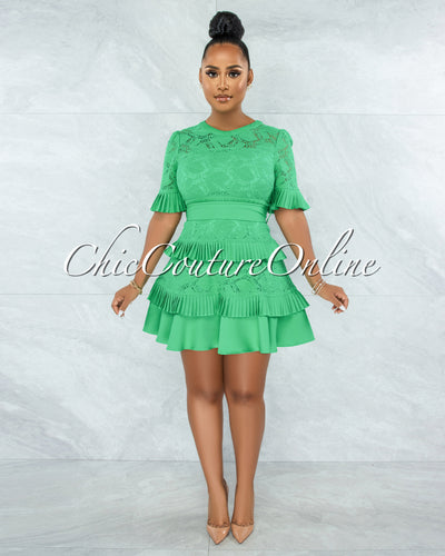 Knolly Kelly Green Lace Pleated Luxe Dress