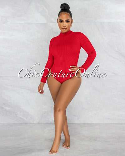 *Wisteria Red Ribbed Long Sleeves Bodysuit