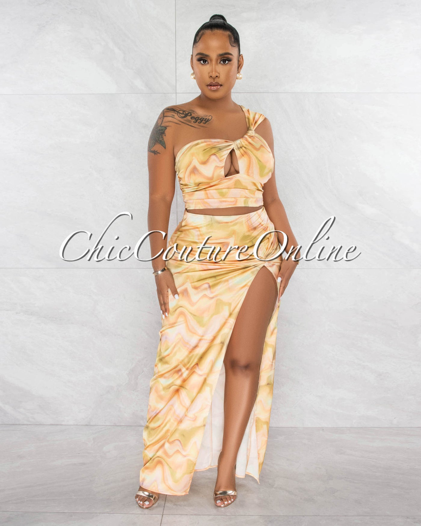 Lilith Yellow Print Top & Knot Midi Skirt Silky Set