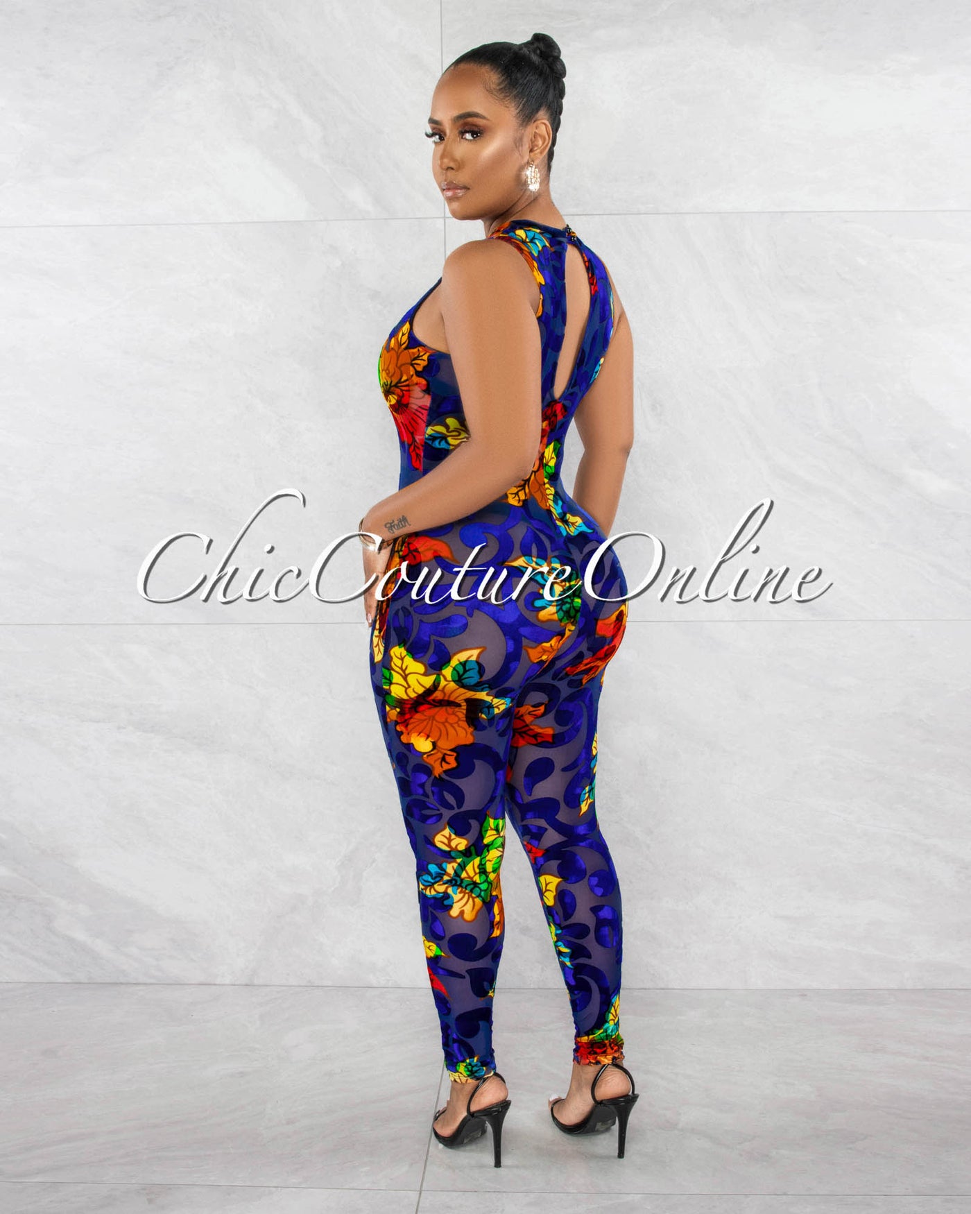 Chicca Royal-Blue Velvet Multi-Color Print Sheer Jumpsuit