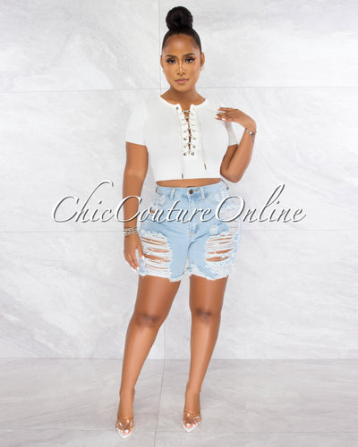 Malowa Off-White Rhinestones Lace-Up Ribbed Crop Top
