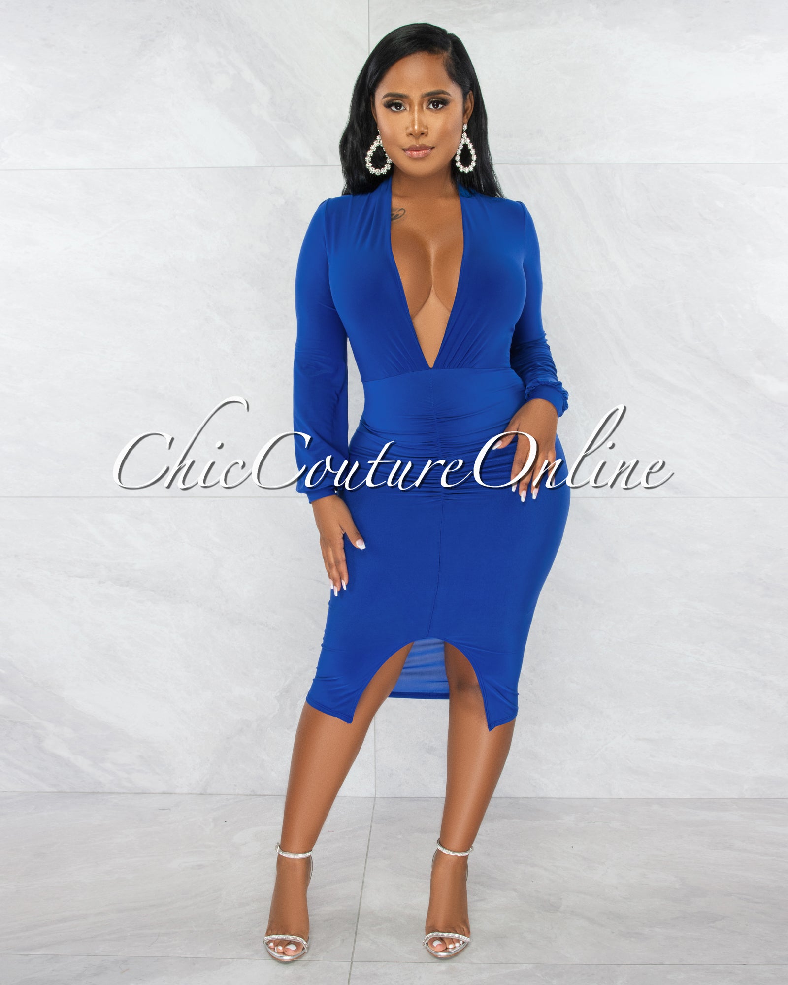 *Dager Blue Deep-V Draped Front Slit Midi Dress