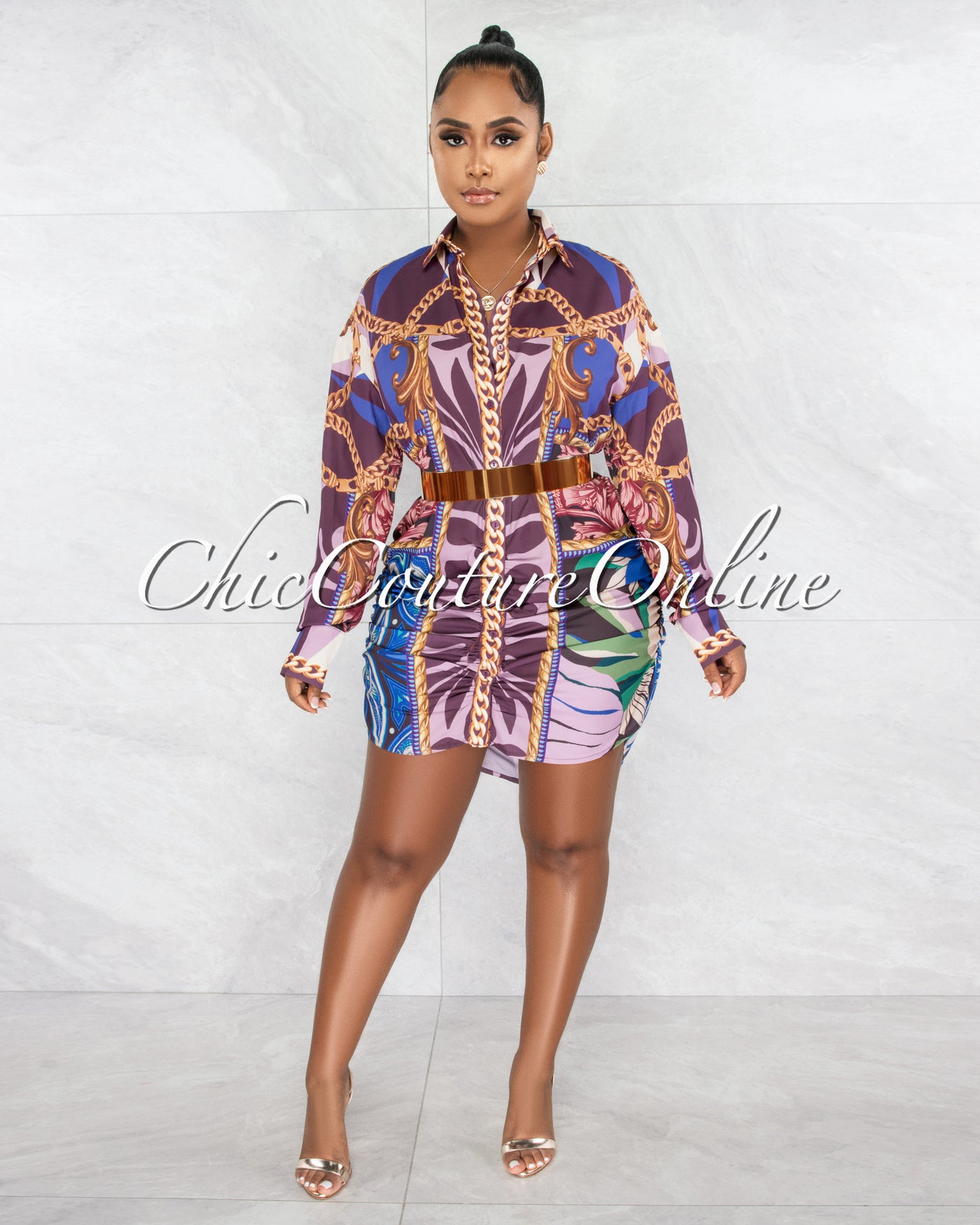 *Ivria Purple Print Draped Shirt Dress