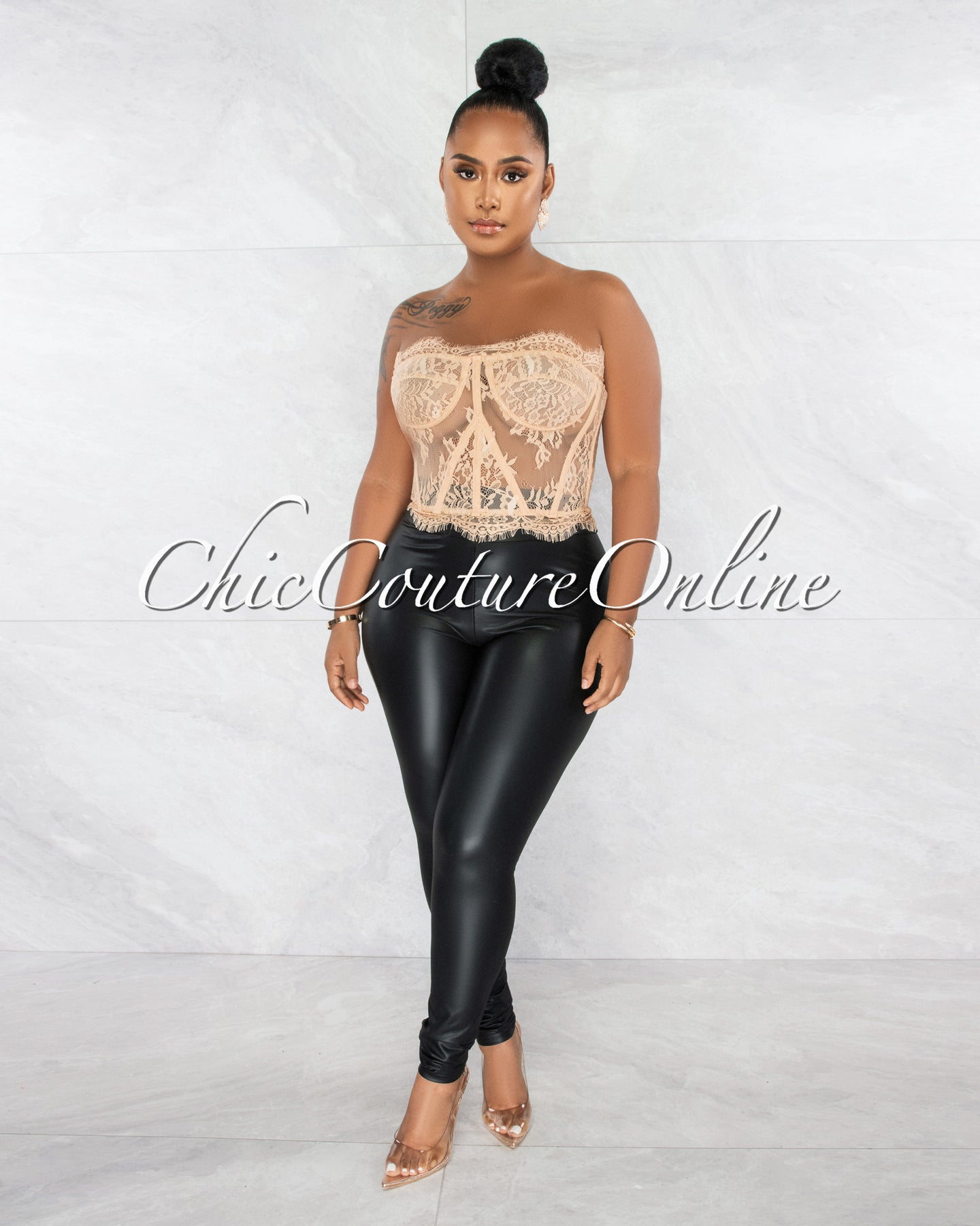 *Abigail Nude Lace Strapless Croset Sheer Top