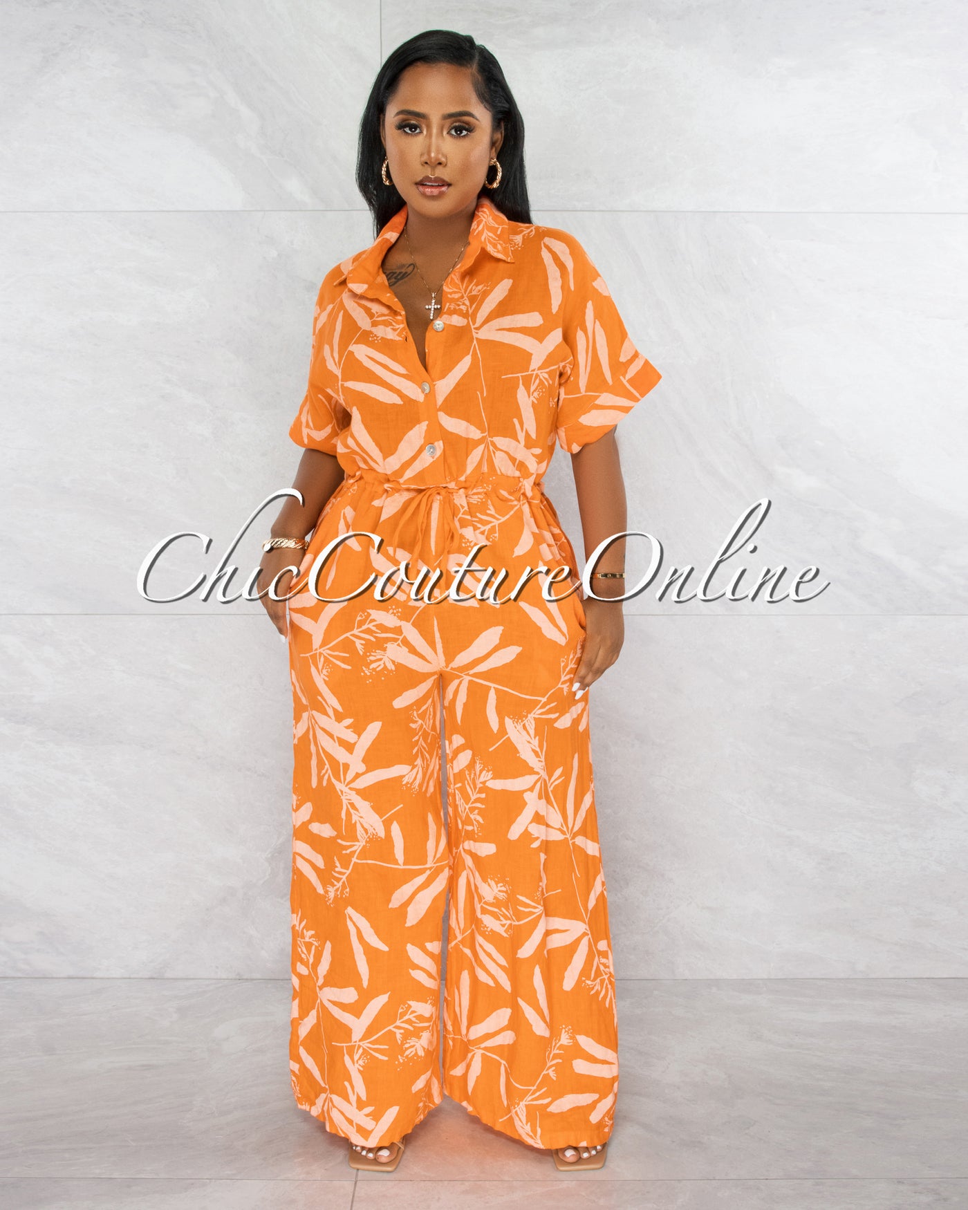 *Banley Orange Leaf Print Wide Legs LINEN Jumpsuit