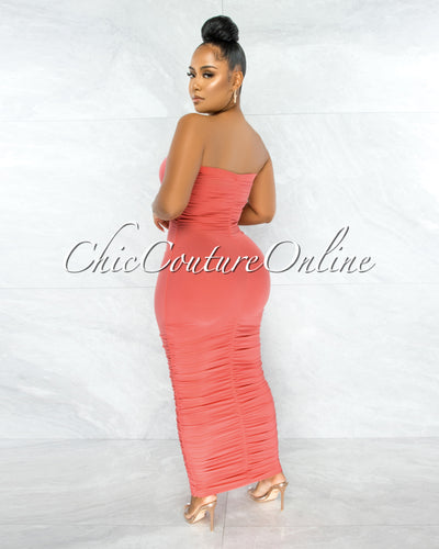 Nancy Coral Ruched Strapless Maxi Dress