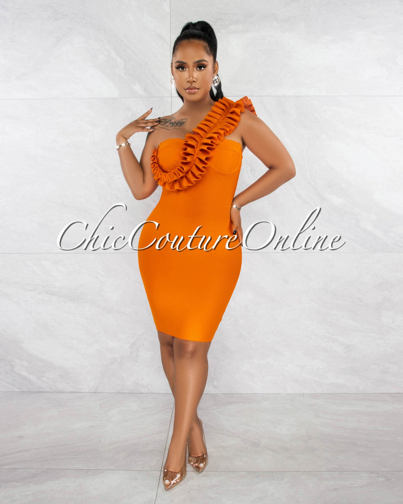 *Gaira Orange Ruffle Bust Accent Bandage Dress