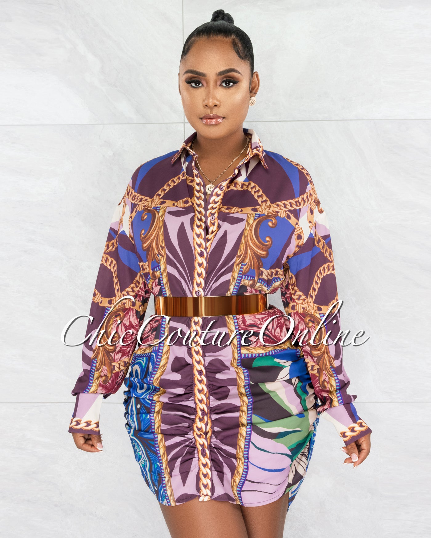 *Ivria Purple Print Draped Shirt Dress