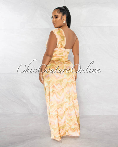 Lilith Yellow Print Top & Knot Midi Skirt Silky Set